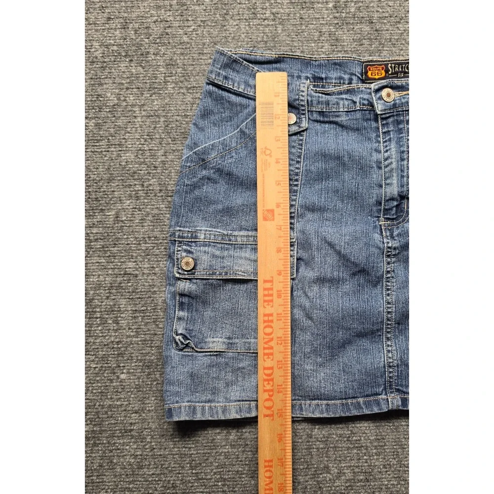 Vintage Route 66 Y2K Denim Mini Skirt Size 12 Stretch Cargo Pockets Blue Medium